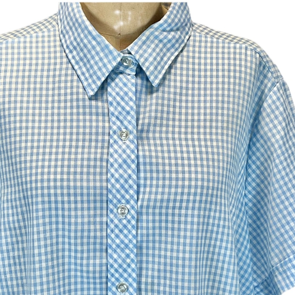 VINTAGE picnic gingham check button down shirt short‎ sleeve plus size Sears 70s
